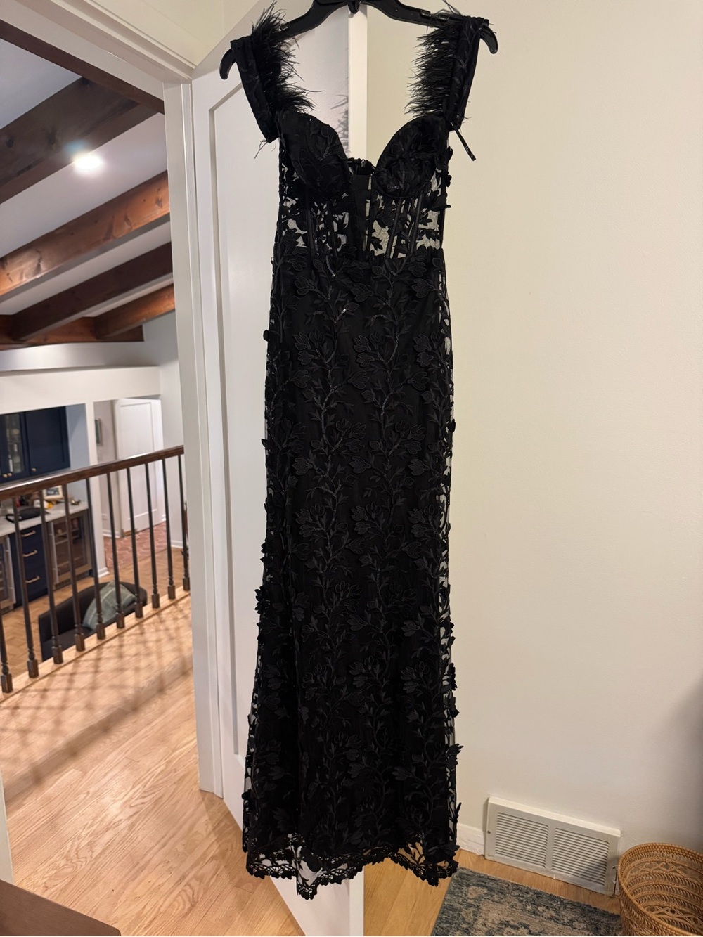 Lulu's Black Lace Maxi Dress with Feather Straps